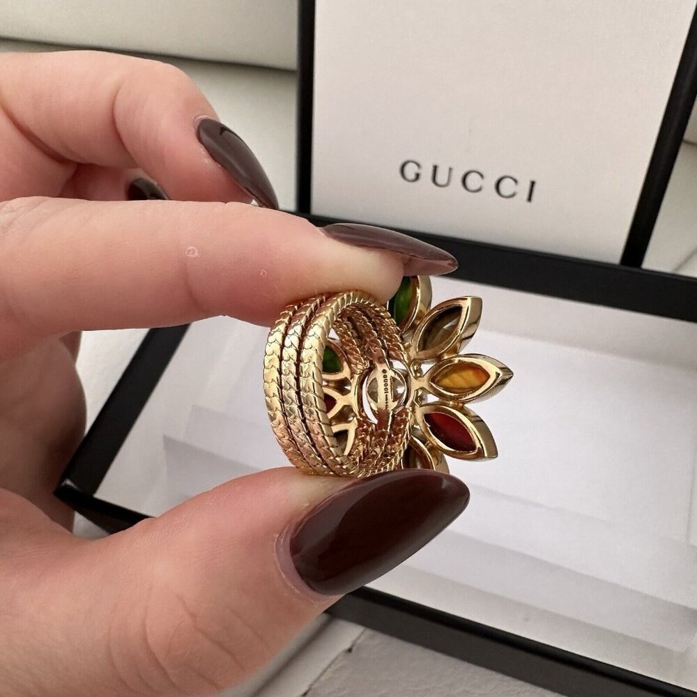 New GUCCI RING FLOWER CRYSTAL GG SIZE XS GOLDEN MULTICOLOR - Picture 7 of 8